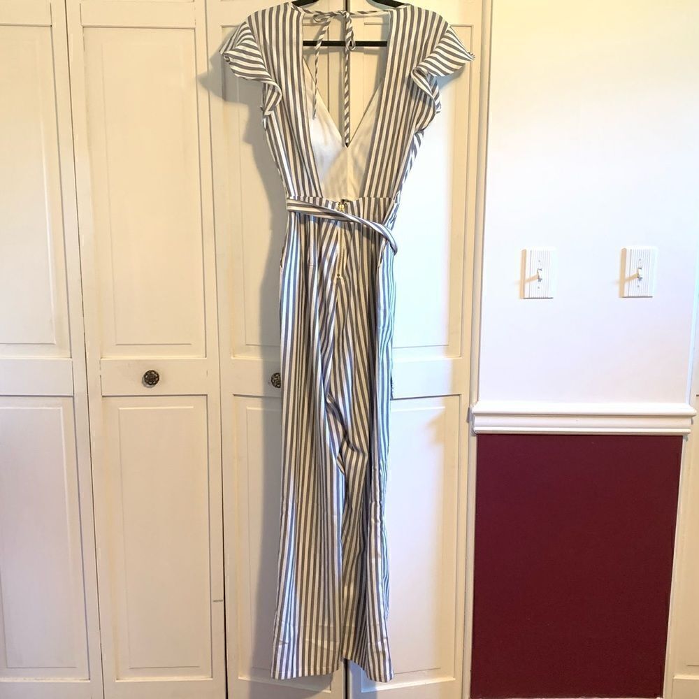 Blue and white striped low cut ruffle jumpsuit - Picture 9 of 9